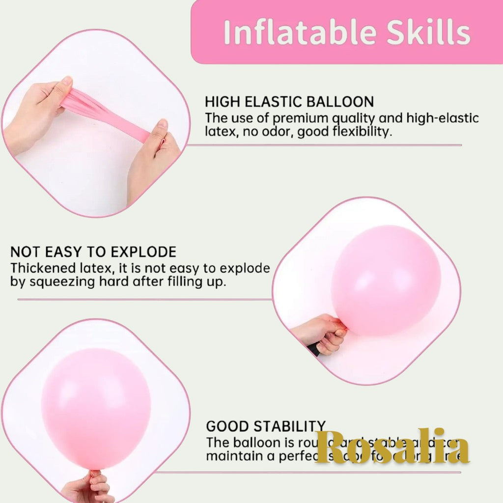 Gr8est Rosalia pink latex balloon kit showing high elasticity, durability, and stability for party decorations.