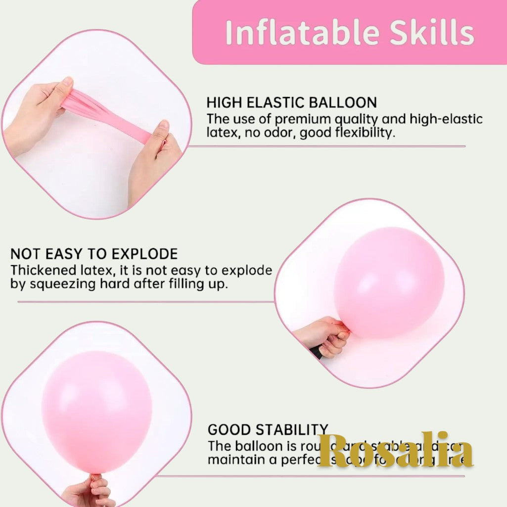 Gr8est Rosalia pink latex balloon kit showing high elasticity, durability, and stability for party decorations.