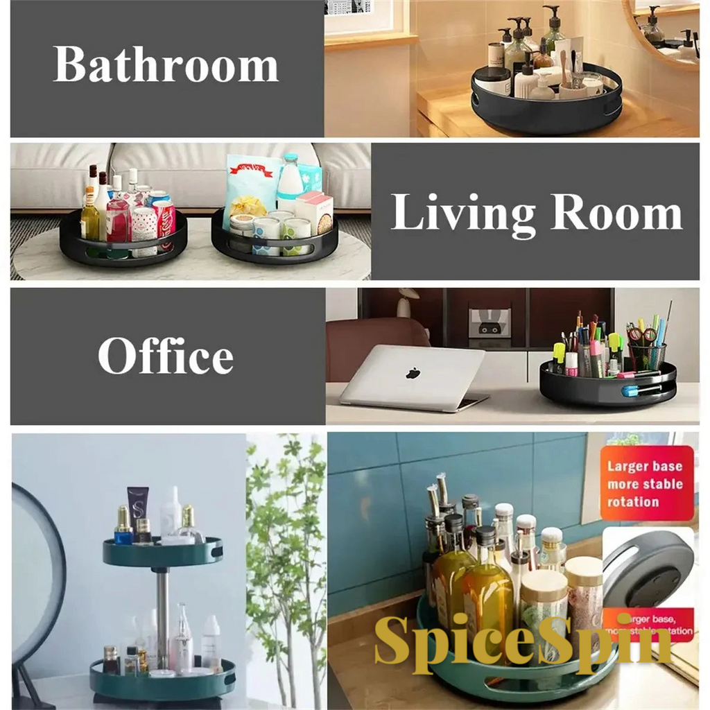 Gr8est rotating spice rack turntable used for organizing bathroom, living room, office, and kitchen storage items.