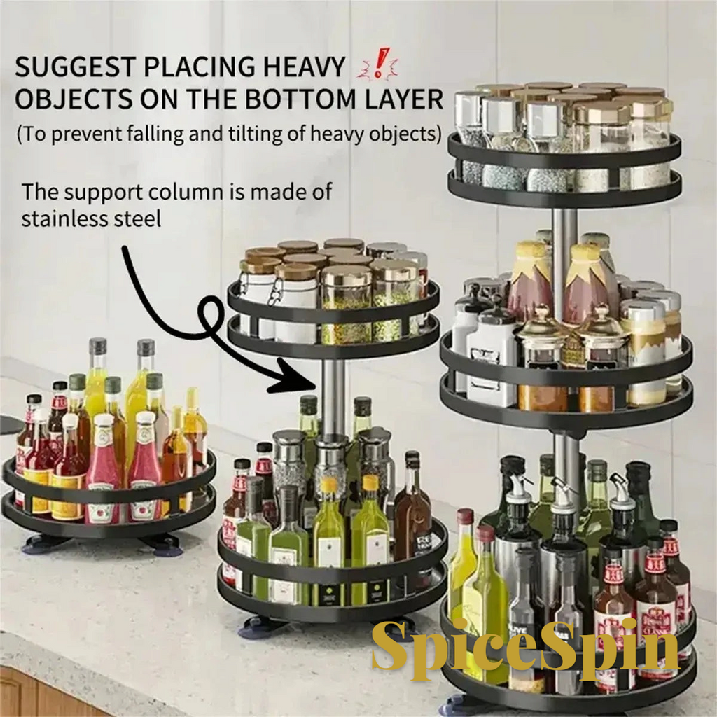 Gr8est multi-tier rotating spice rack turntable with black stainless steel trays and raised edges for kitchen storage