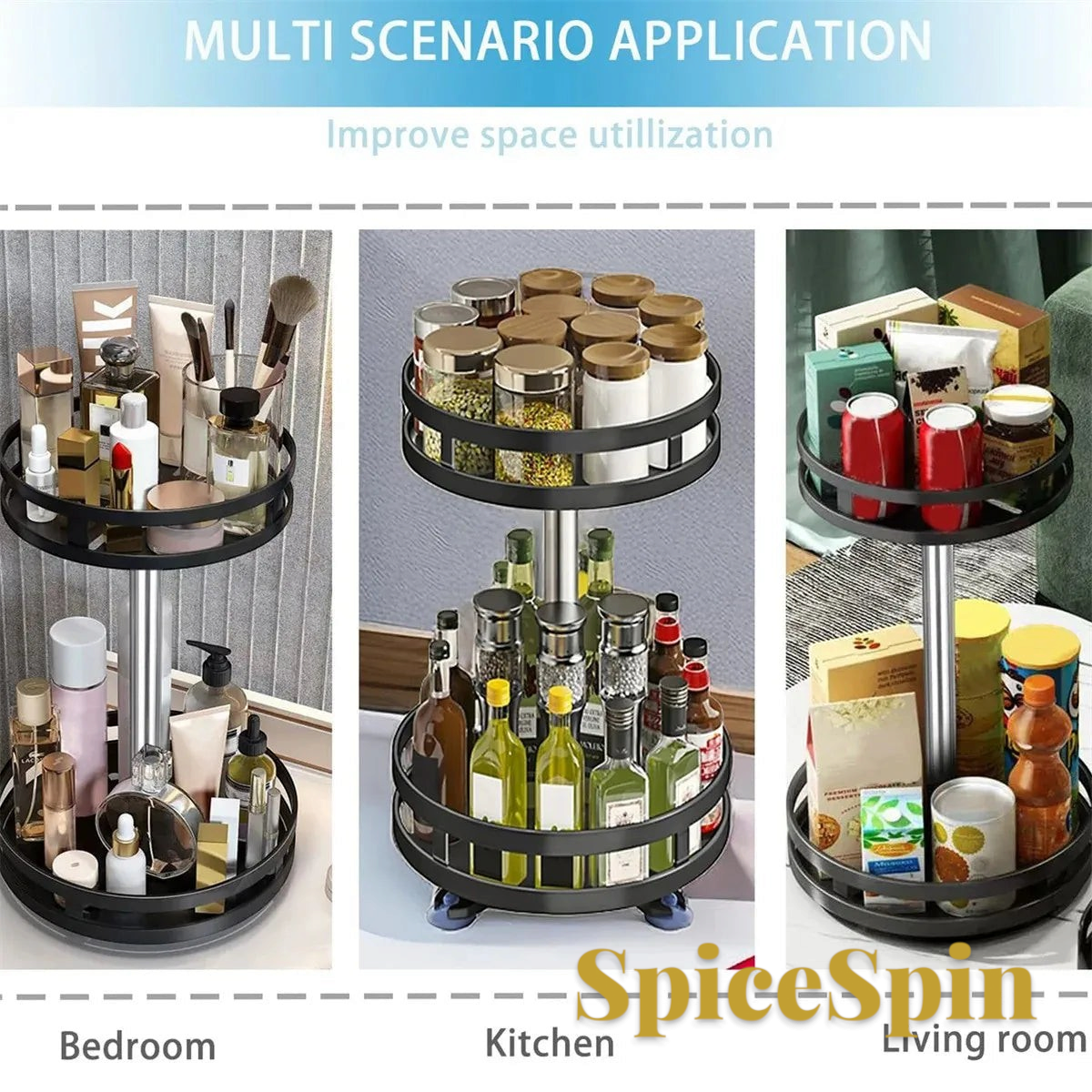 Gr8est two-tier rotating spice rack organizer in black metal, shown holding kitchen spices, cosmetics, and snacks.