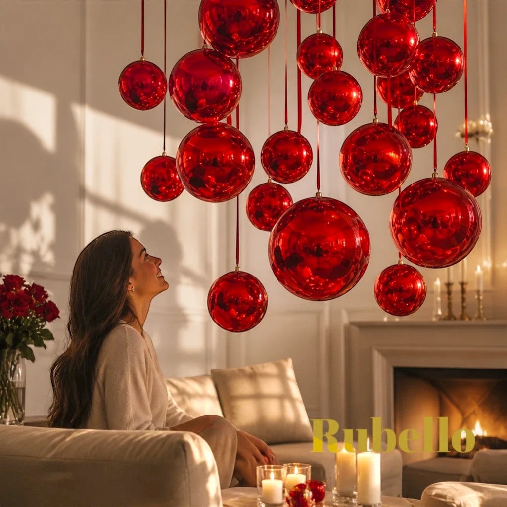 Gr8est Rubello red 4D spherical foil balloons hanging from the ceiling in a romantic living room setting