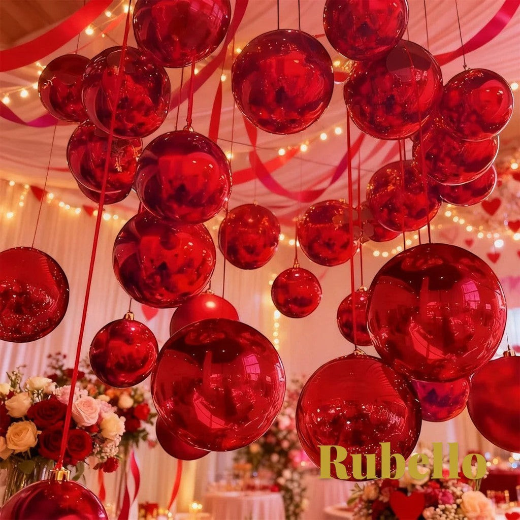 Gr8est Rubello red 4D spherical aluminium foil balloons hanging from the ceiling for a romantic party decoration