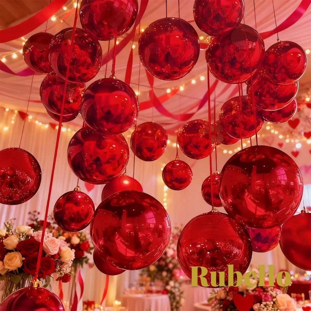 Gr8est Rubello red 4D spherical aluminium foil balloons hanging from the ceiling for a romantic party decoration