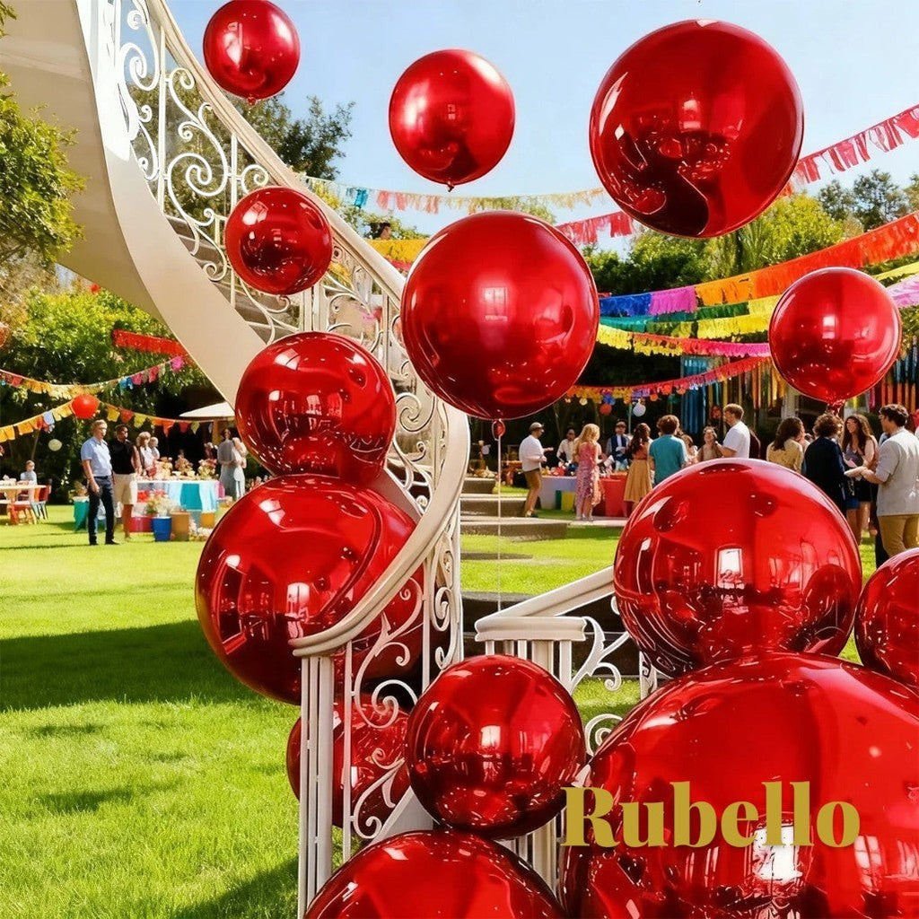 Gr8est Rubello red 4D spherical aluminium foil balloons decorating a garden party staircase for a festive celebration.