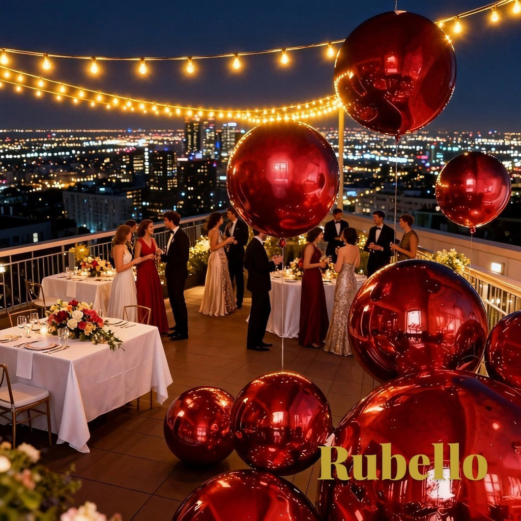 Gr8est Rubello red 4D spherical aluminium foil balloons floating at a romantic rooftop party with city skyline views.
