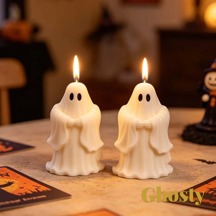 Gr8est saluting ghost candles made from silicone mold on a table with Halloween decor