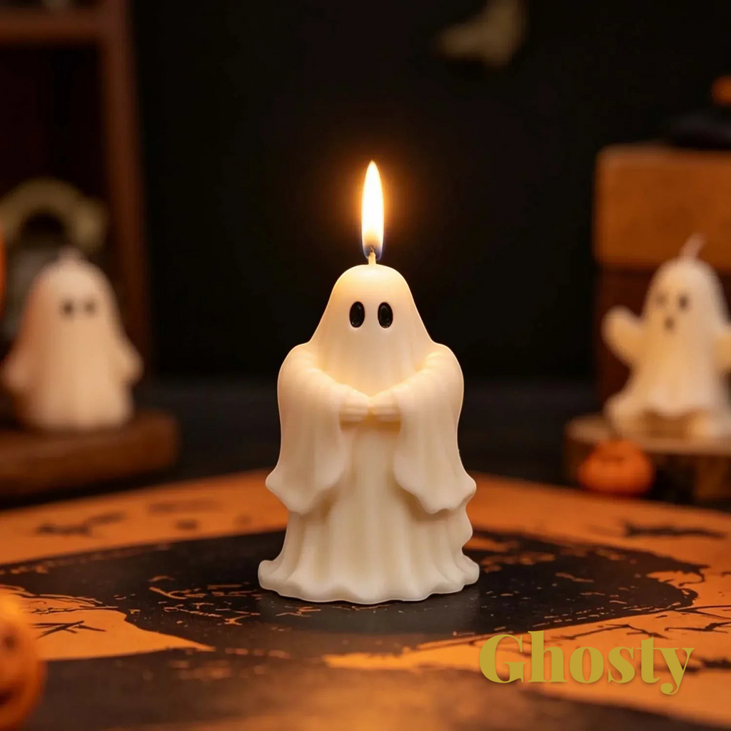 Gr8est saluting ghost candle made from a silicone mold, featuring a white wax figure with black eyes on a table.