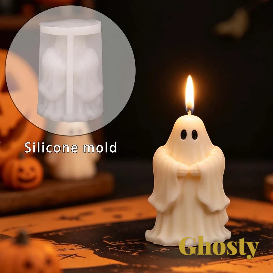 Gr8est saluting ghost silicone candle mold shown with a finished white ghost candle on a Halloween table