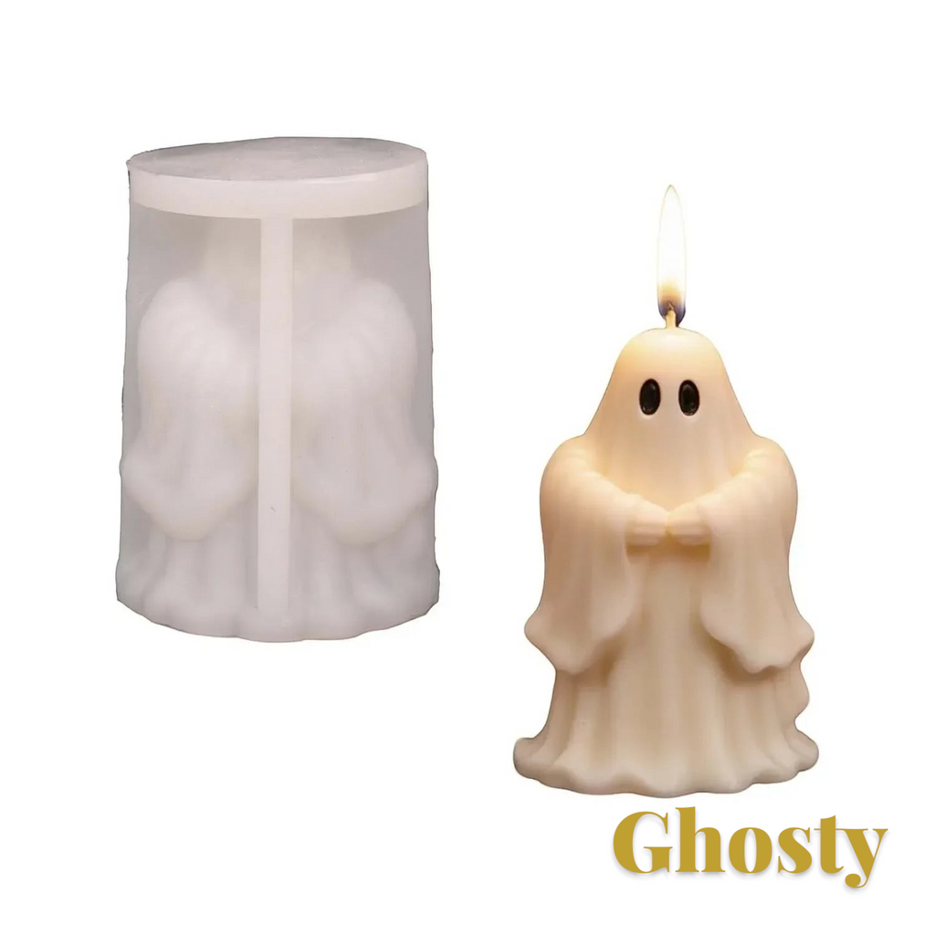 Gr8est silicone mold for crafting a saluting ghost candle, shown next to a finished cream-colored ghost candle.
