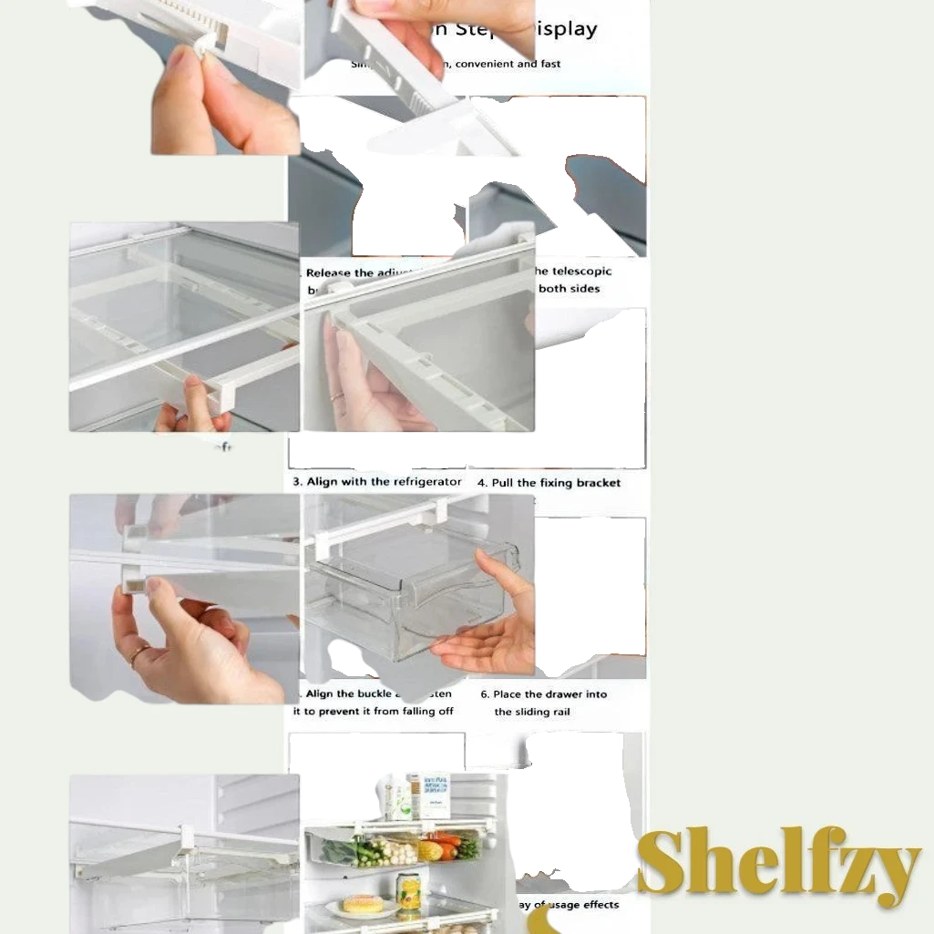Gr8est Shelfzy under-shelf fridge drawer organizer installation guide showing step-by-step assembly instructions