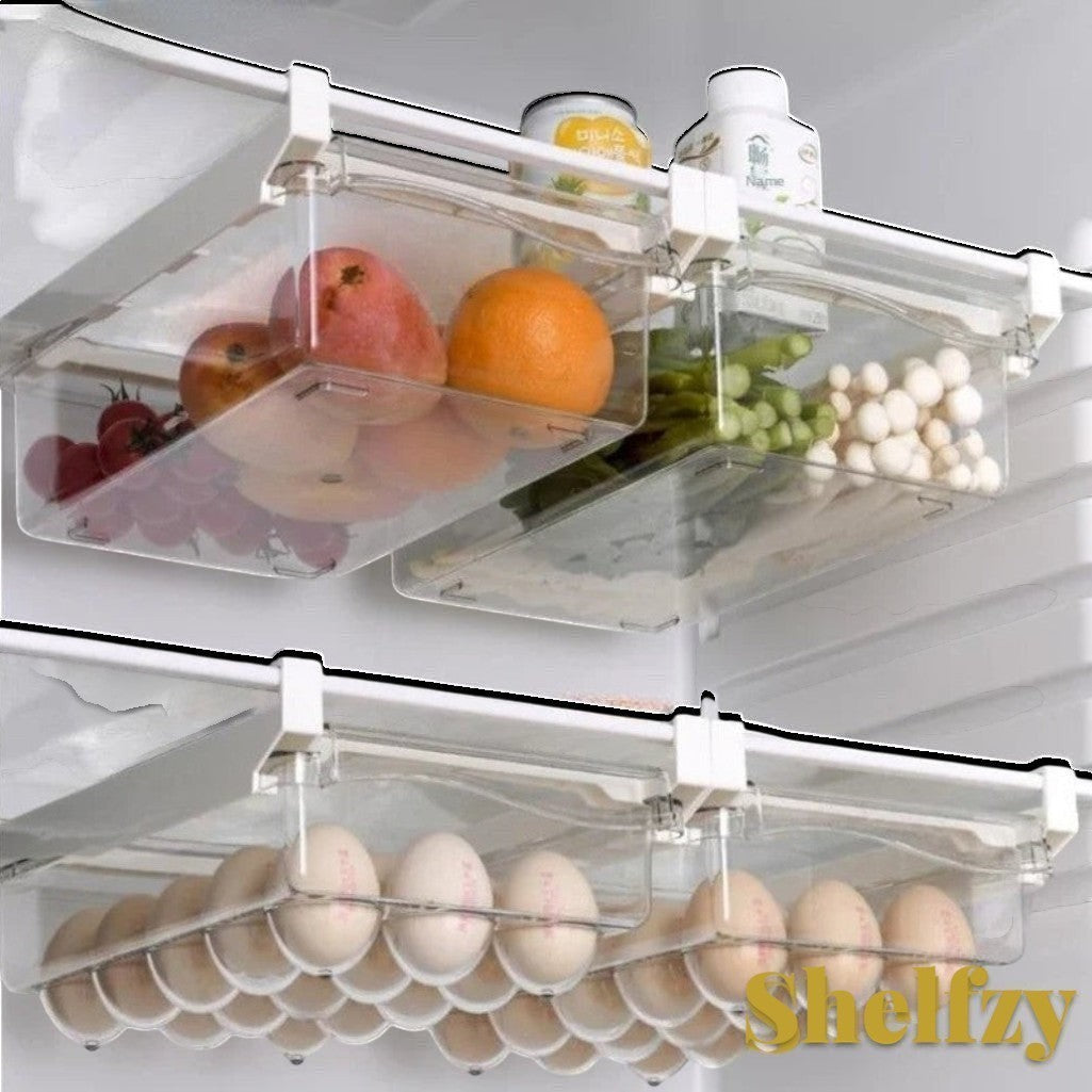 Gr8est Shelfzy clear plastic under-shelf fridge drawer organizers filled with fresh produce and eggs