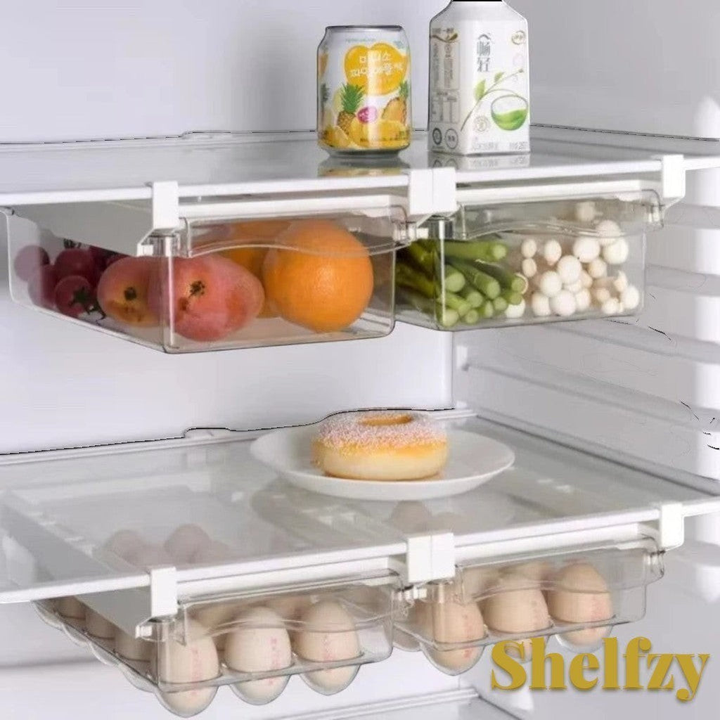 Gr8est Shelfzy clear plastic under-shelf fridge drawers holding fresh produce and eggs inside a refrigerator