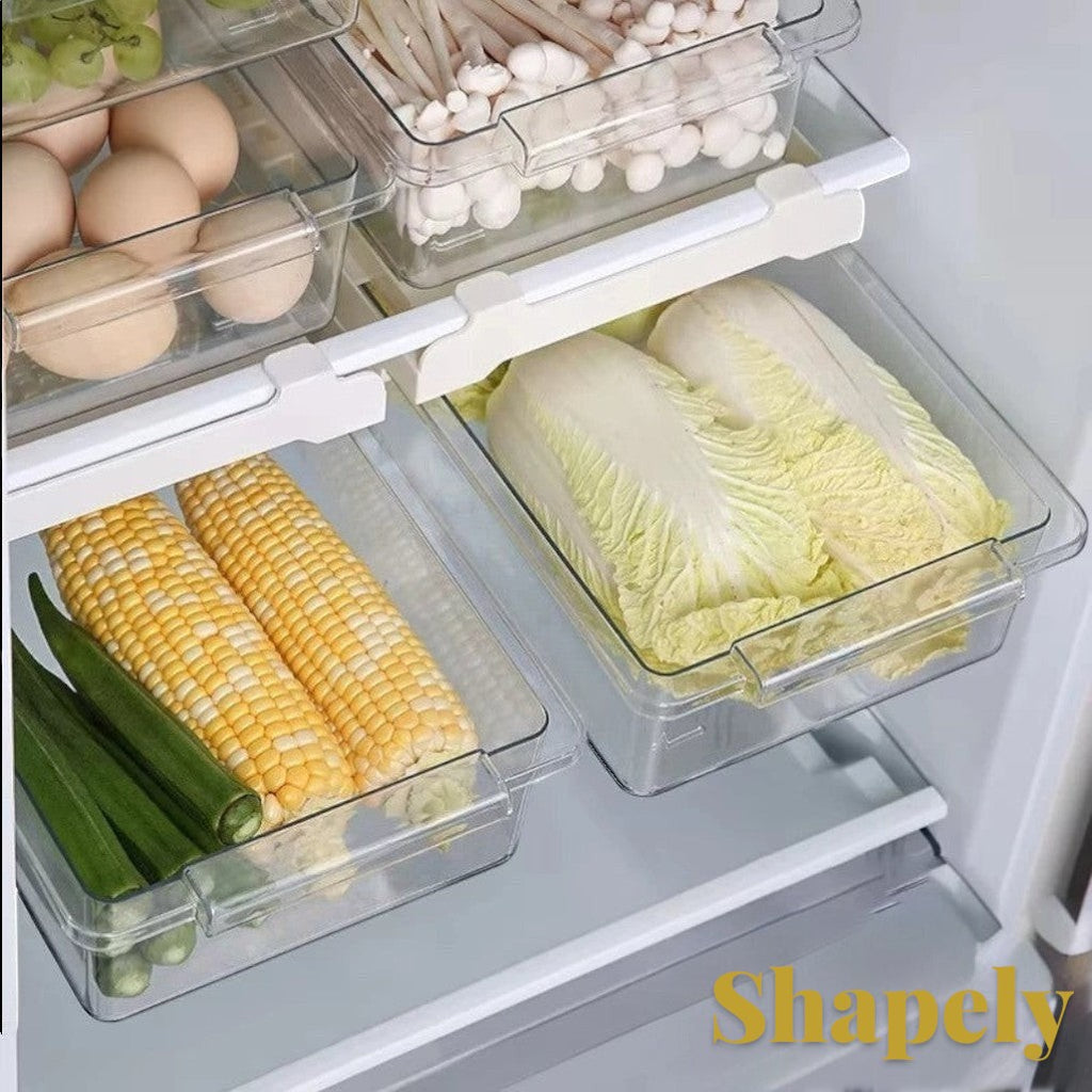 Gr8est Shelfzy clear plastic under-shelf fridge drawer organizer filled with fresh produce and eggs