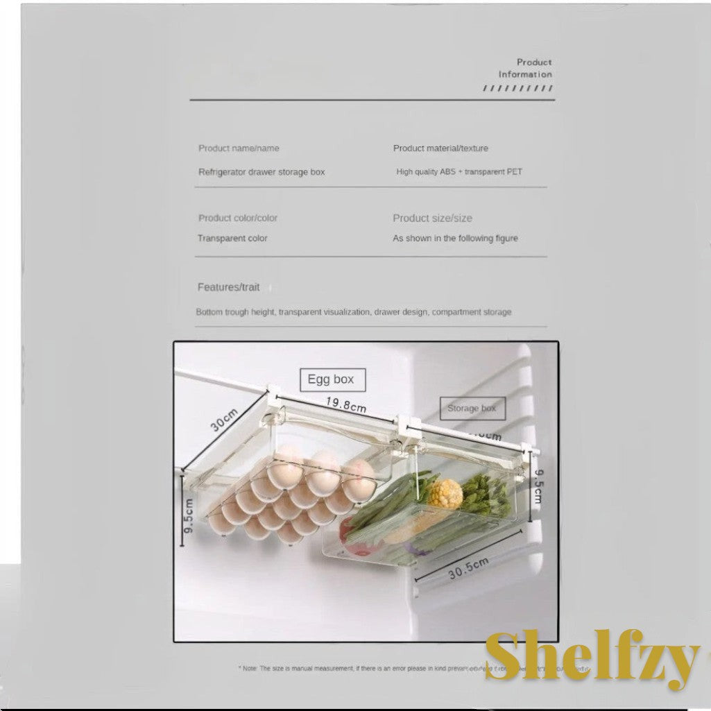 Gr8est Shelfzy transparent plastic under-shelf fridge drawer organizer holding eggs and fresh produce