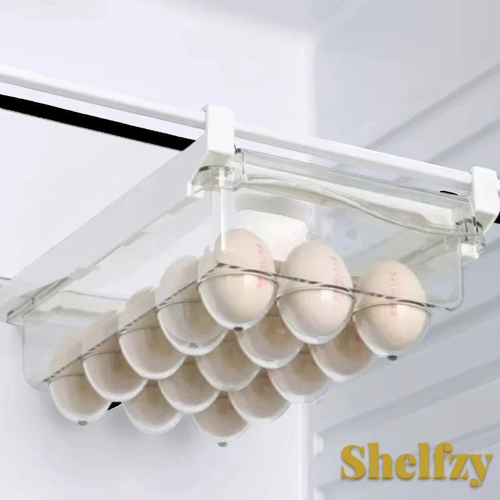 Gr8est Shelfzy clear plastic under-shelf fridge drawer filled with eggs for space-saving kitchen organization