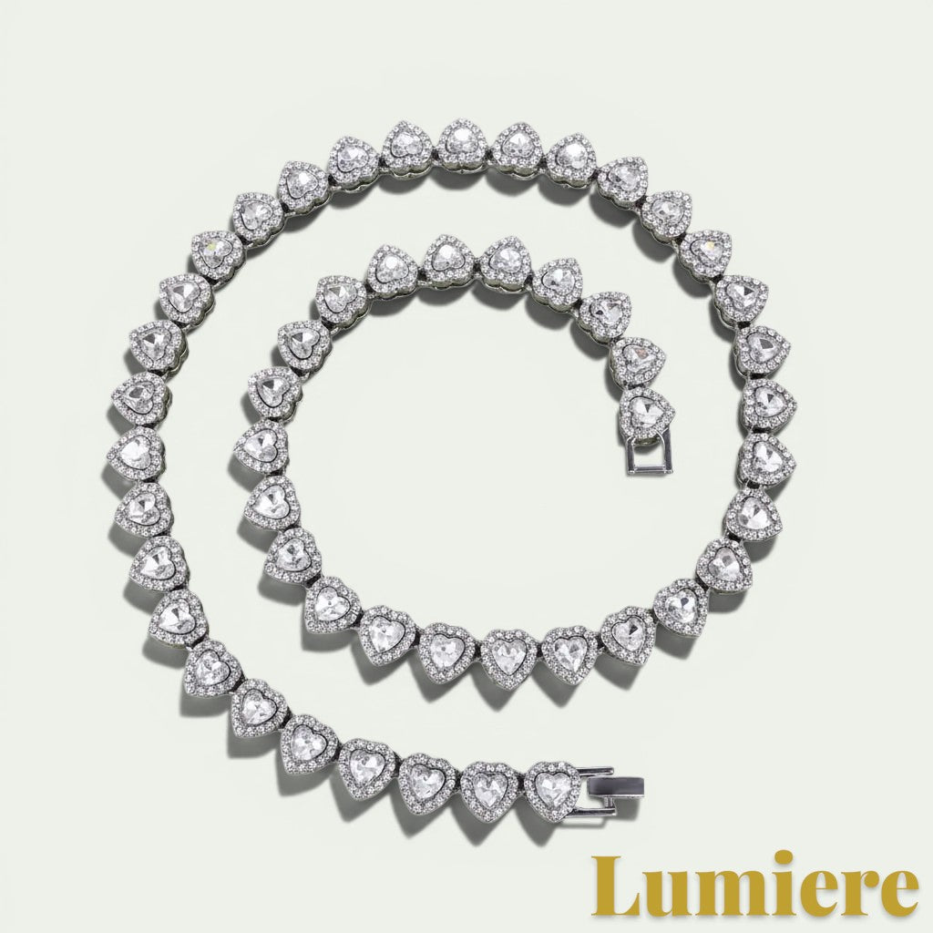 Gr8est silver heart tennis chain necklace with sparkling rhinestones in a coiled design