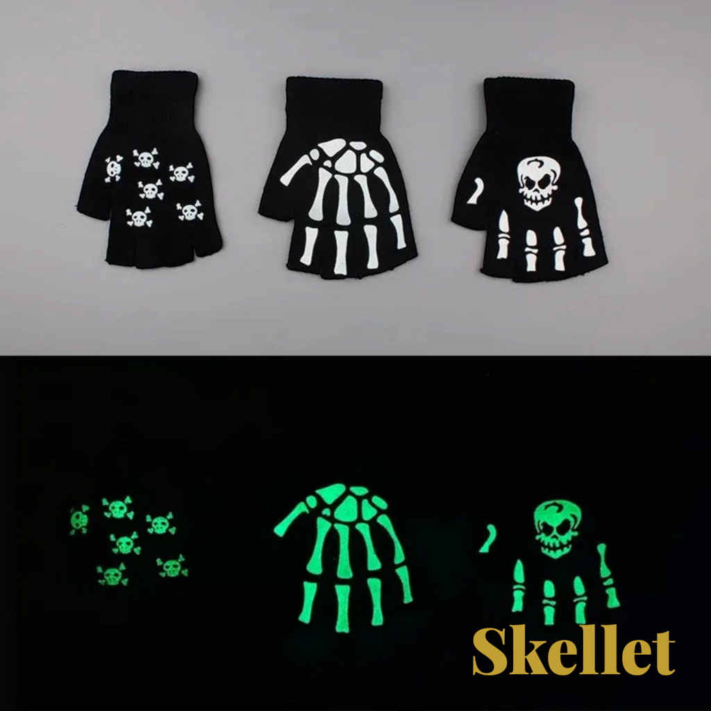 Gr8est fingerless gloves with white skeleton and skull patterns that glow in the dark for Halloween costumes
