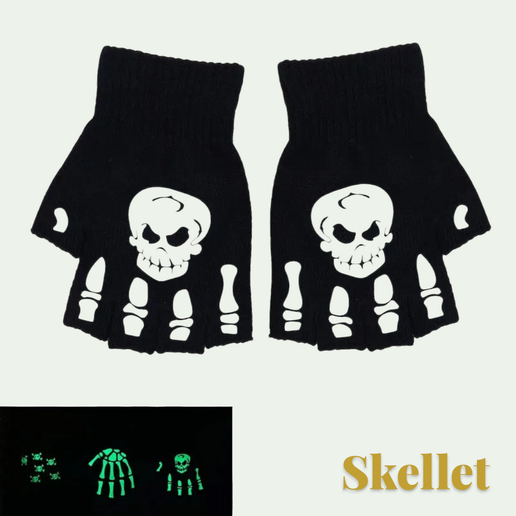 Gr8est black fingerless gloves featuring a white skeleton hand and skull print for Halloween costumes.