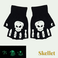 Gr8est black fingerless gloves featuring a white skeleton hand and skull print for Halloween costumes.