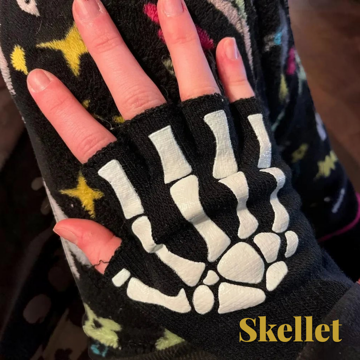 Gr8est black fingerless gloves with a white skeleton hand print for Halloween costumes