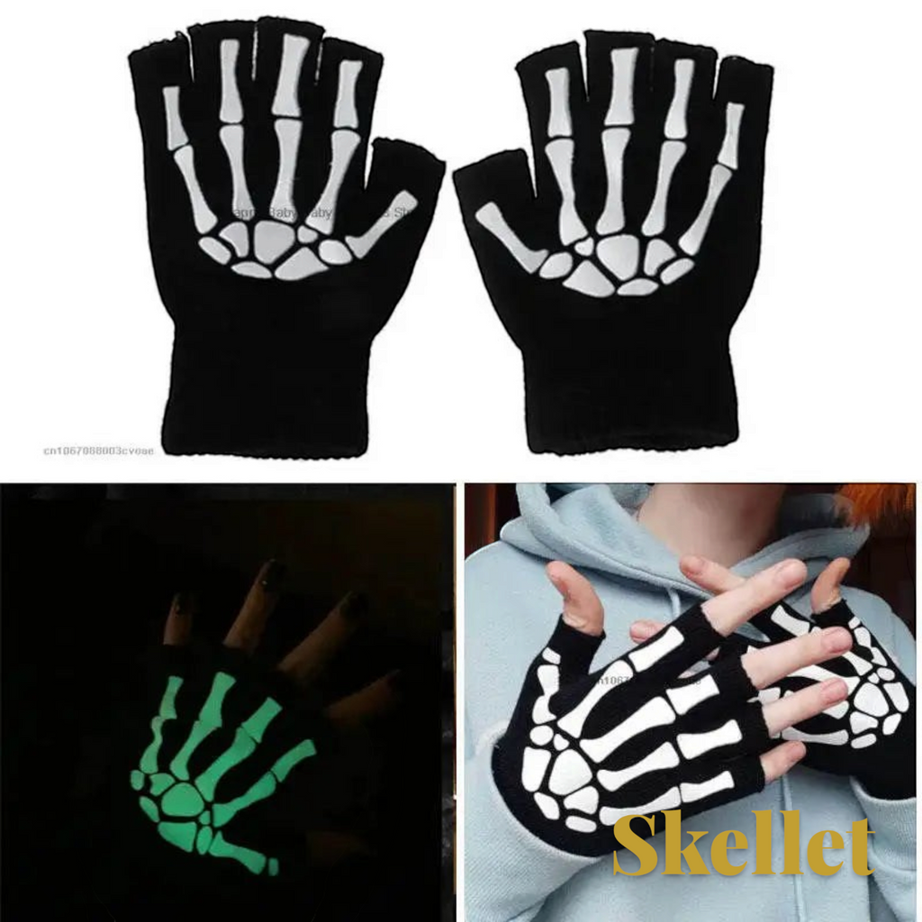 Gr8est black fingerless gloves with a white skeleton hand print, perfect for Halloween costumes and punk style.