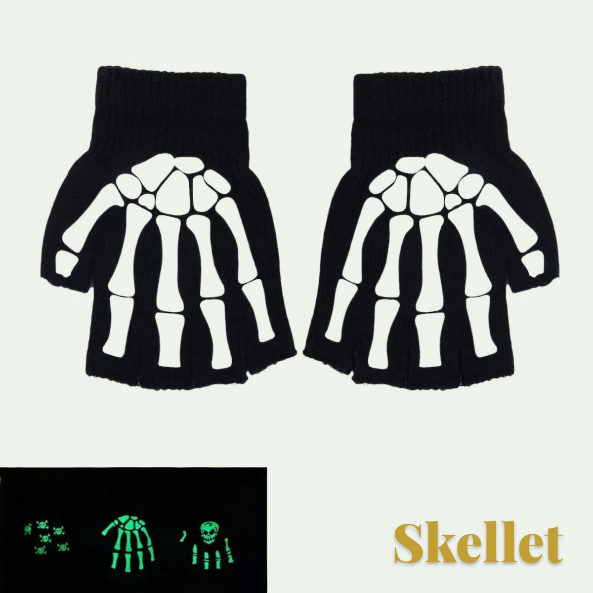 Gr8est black fingerless gloves with white skeleton hand print for Halloween costumes