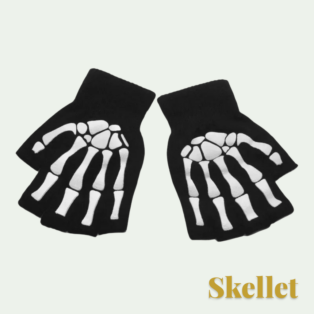 Gr8est black fingerless gloves with a white skeleton hand print for Halloween costumes.