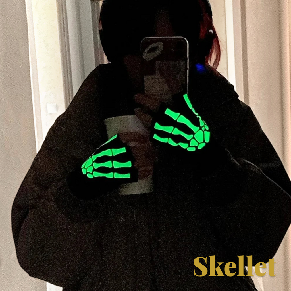 Gr8est fingerless gloves featuring a glowing green skeleton hand pattern for Halloween costumes