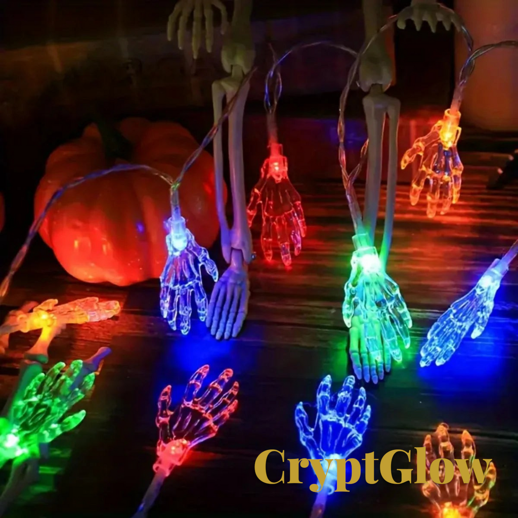 Gr8est CryptGlow battery-powered skeleton hand string lights with colorful LED bulbs for spooky Halloween decor