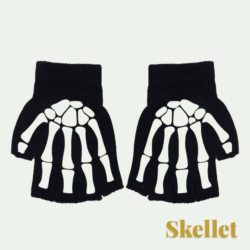 Gr8est Skellet black fingerless gloves featuring a white skeleton hand bone print for Halloween costumes