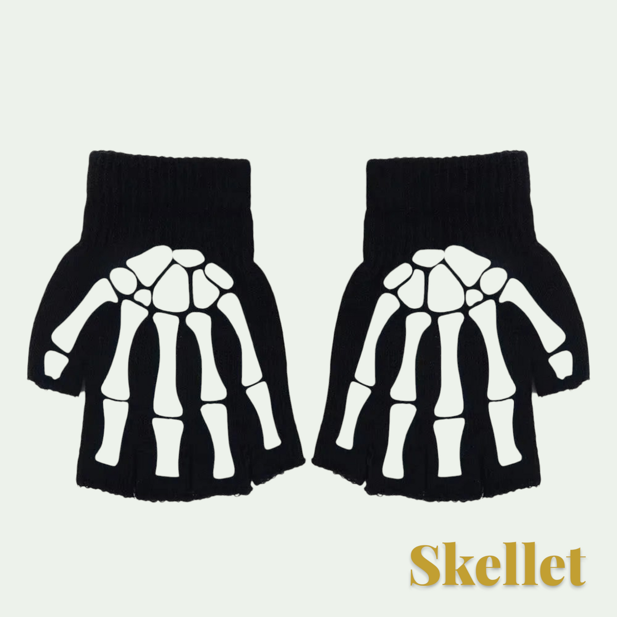 Gr8est Skellet black fingerless gloves featuring a white skeleton hand bone print for Halloween costumes