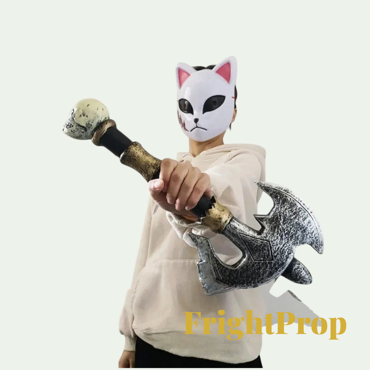 Gr8est cosplay prop featuring a person in a cat mask holding a detailed skull-topped battle axe costume weapon