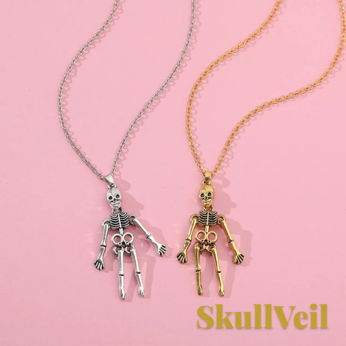 Gr8est Skullveil gothic skeleton pendant necklaces in silver and gold metal tones on a pink background