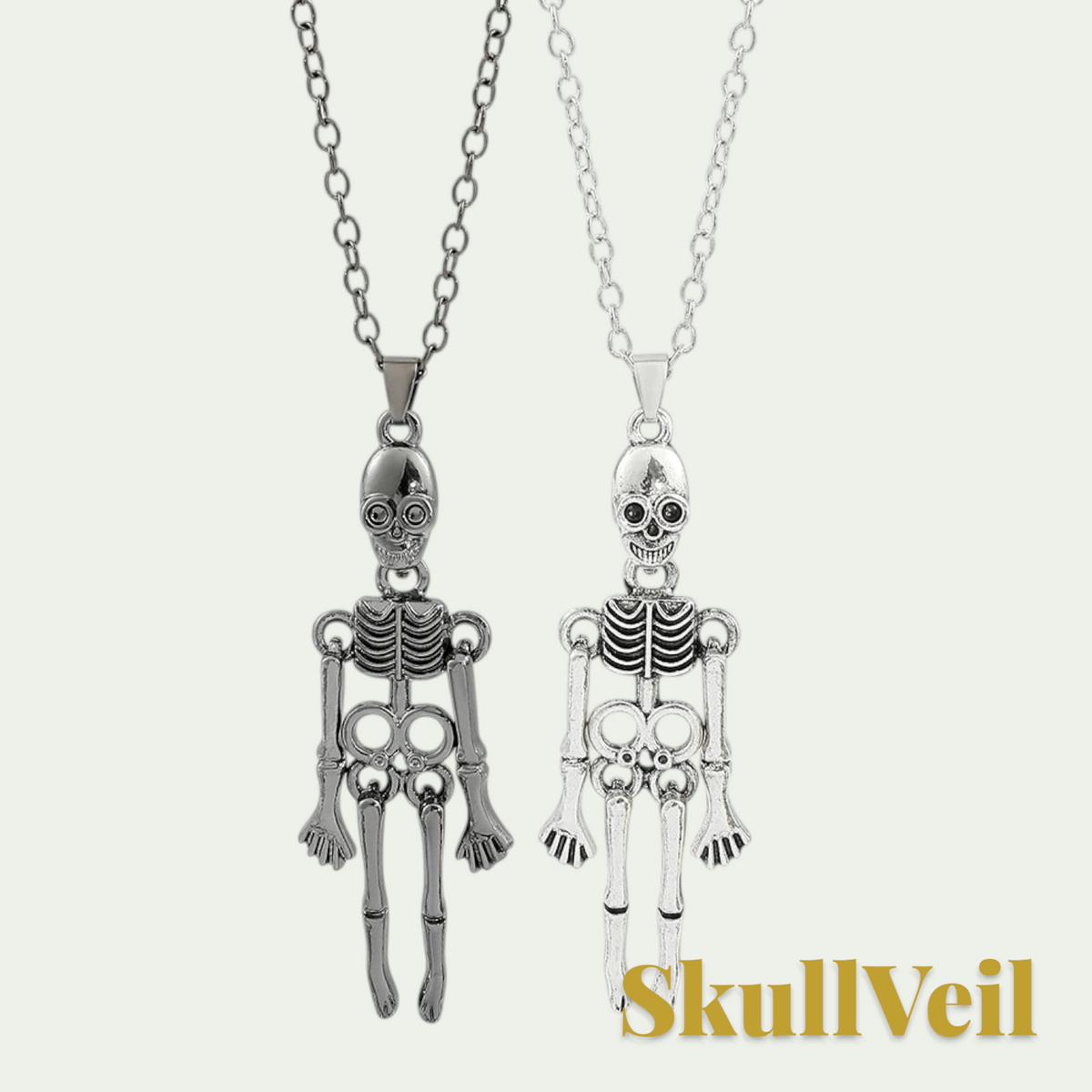 Gr8est Skullveil gothic skeleton pendant necklaces in silver and dark metal finishes on matching chains.