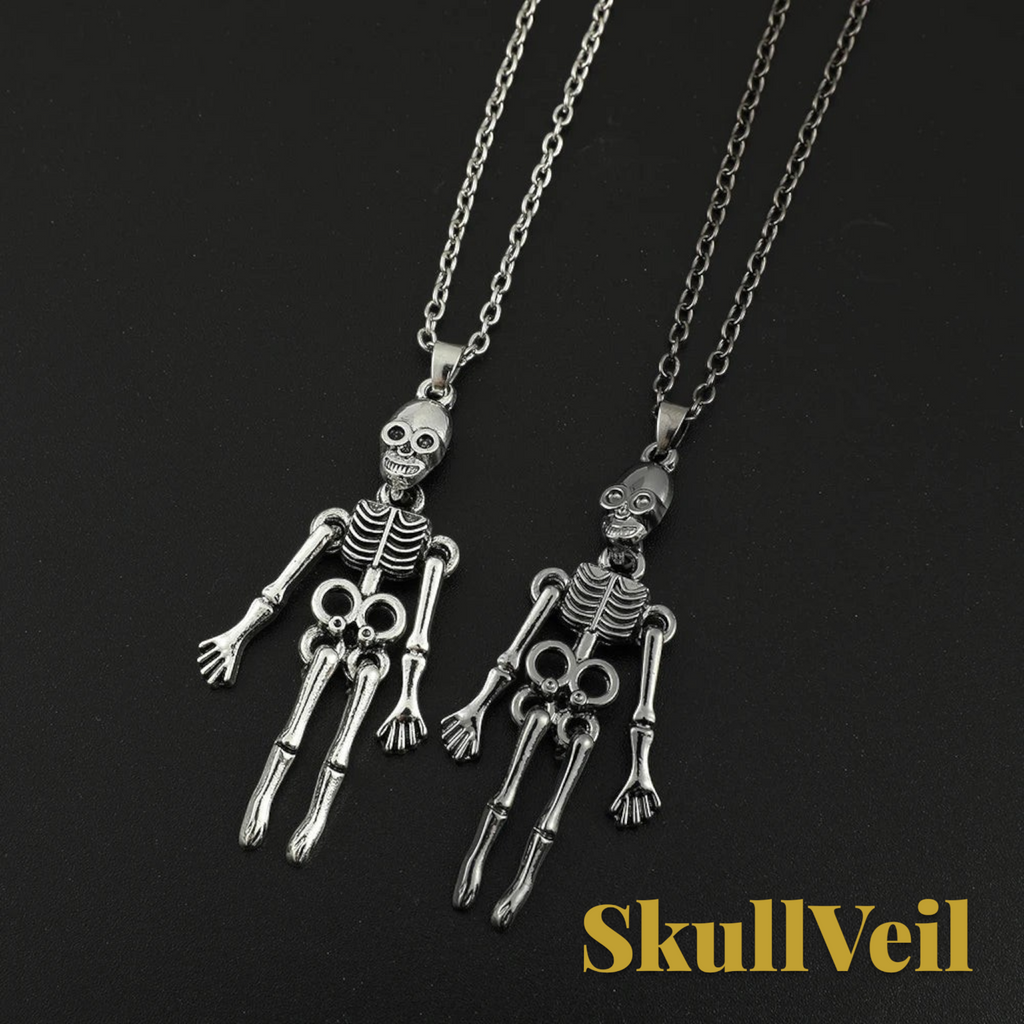 Gr8est Skullveil gothic skeleton pendant necklaces in silver-tone metal on a black background