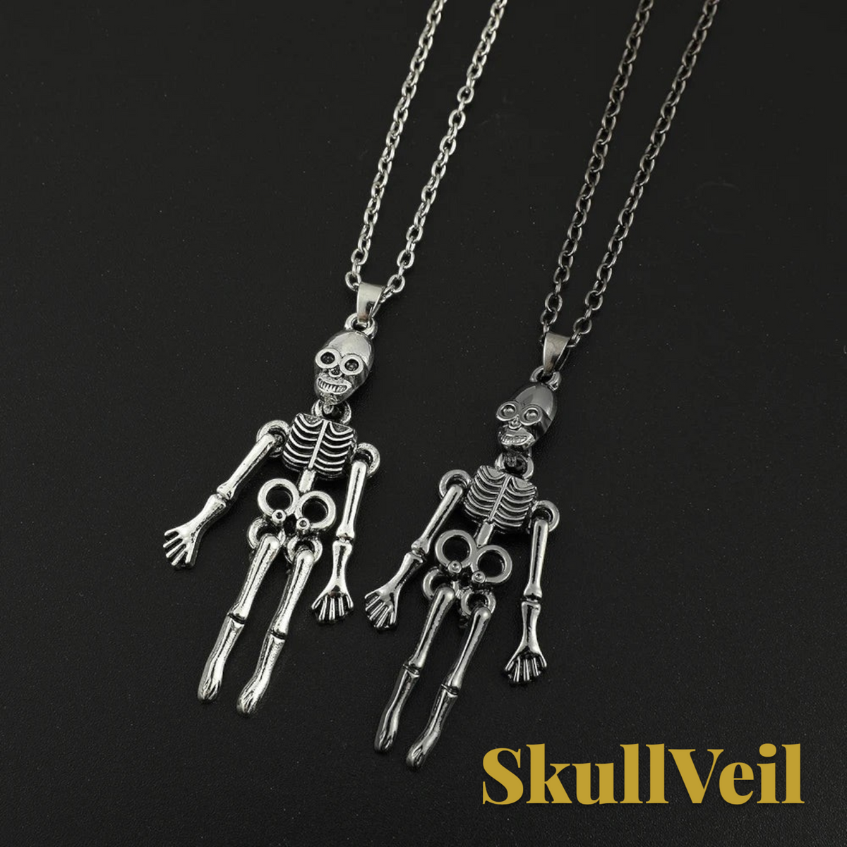 Gr8est Skullveil gothic skeleton pendant necklaces in silver-tone metal on a black background
