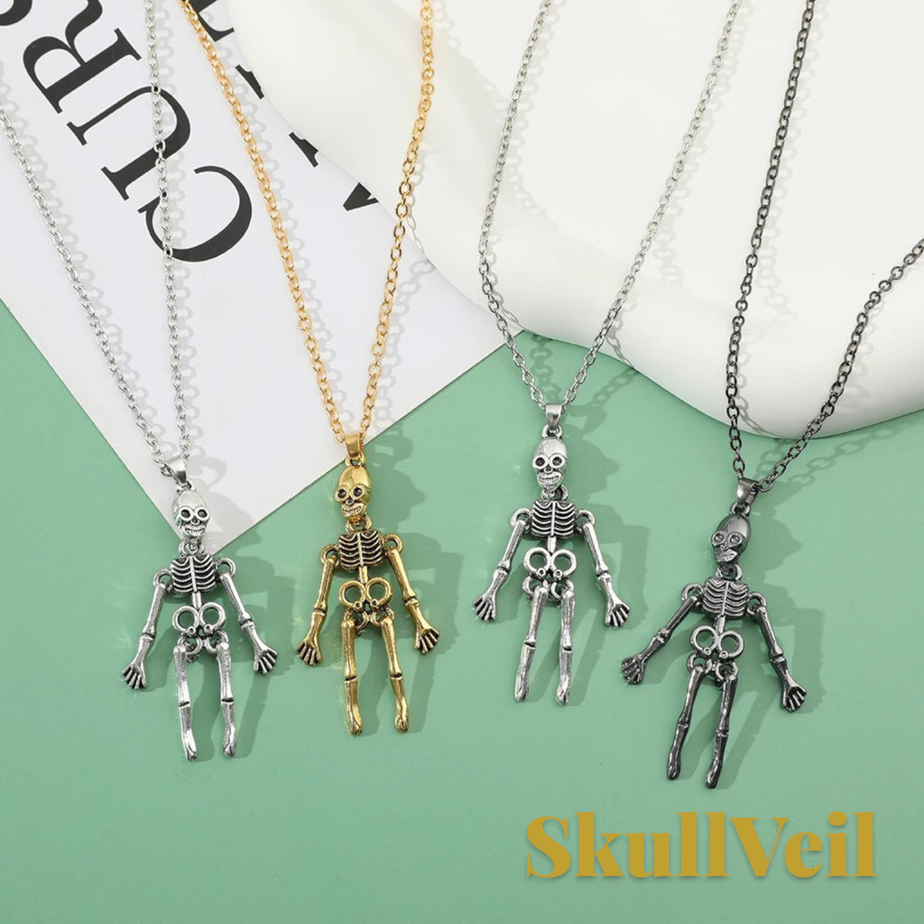 Gr8est Skullveil gothic skeleton pendant necklaces in gold, silver, and dark metal finishes on a green background.