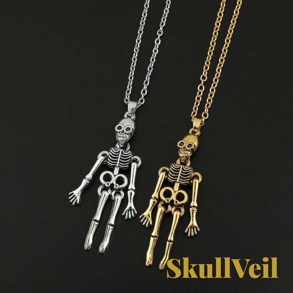 Gr8est Skullveil gothic skeleton pendant necklaces in silver and gold metal tones on a black background