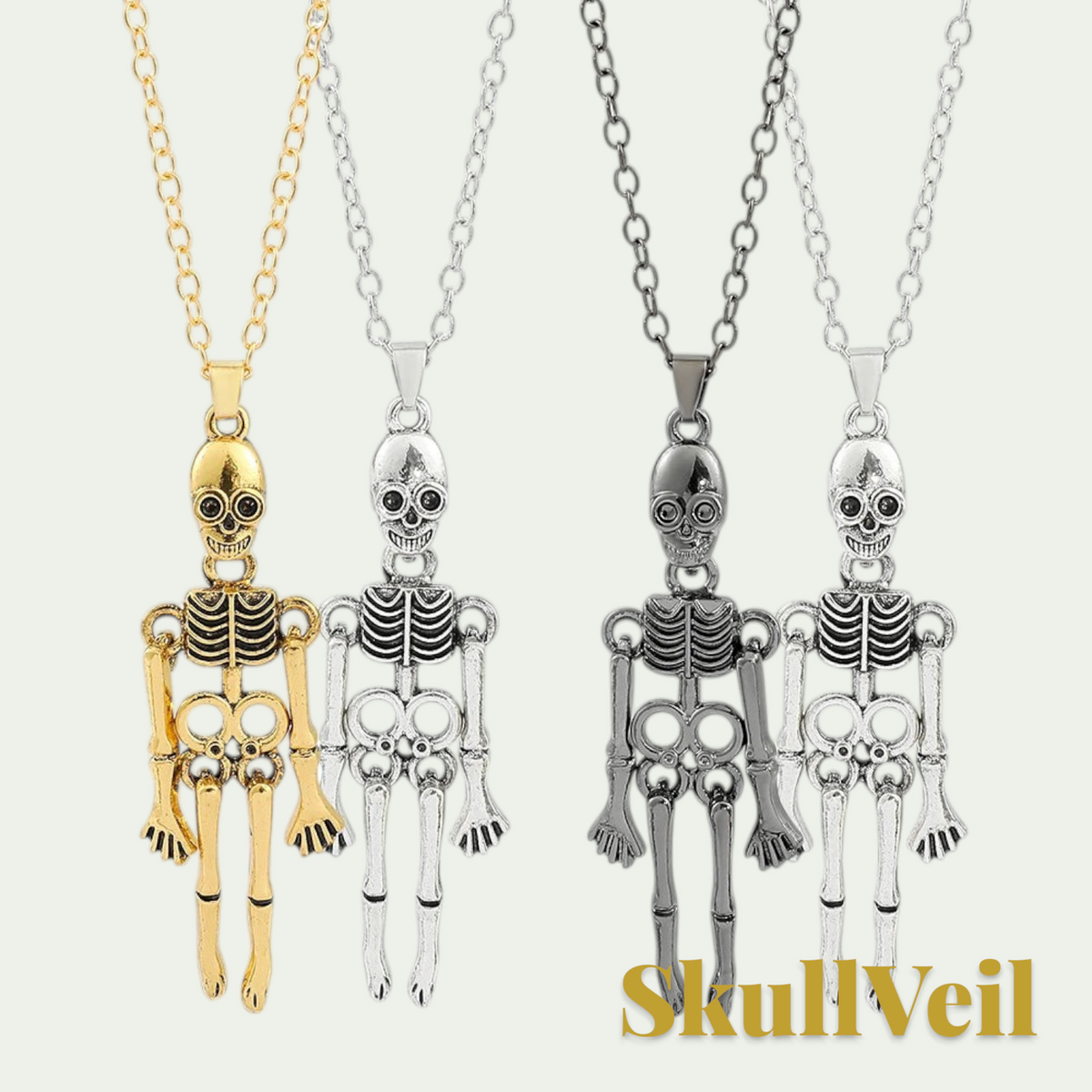 Gr8est Skullveil gothic skeleton pendant necklaces in gold, silver, and dark metal finishes on link chains.