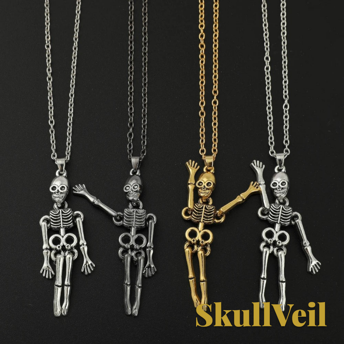 Gr8est Skullveil gothic skeleton pendant necklaces in silver, dark grey, and gold metal finishes on a black background