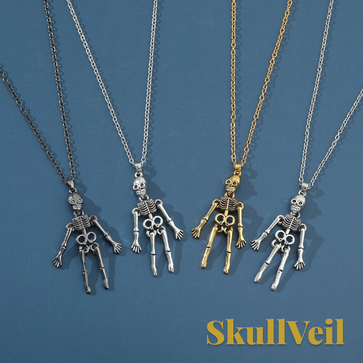 Gr8est Skullveil gothic skeleton pendant necklaces in silver, gold, and dark metal finishes on a blue background.