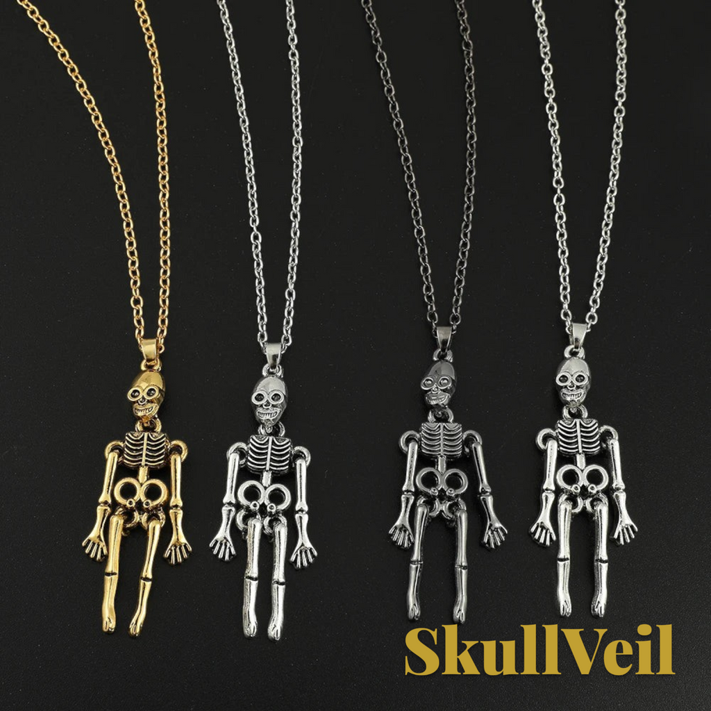 Gr8est Skullveil gothic skeleton pendant necklaces in gold, silver, and dark metal finishes on link chains.