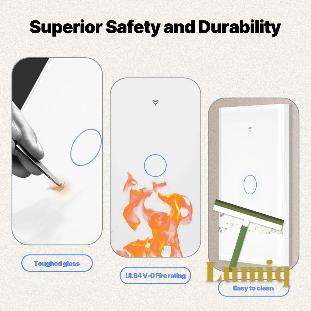Gr8est smart light switch with tempered glass panel, fireproof rating, and easy-to-clean surface design.