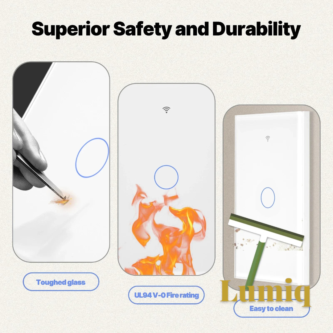 Gr8est smart light switch with tempered glass panel, fireproof rating, and easy-to-clean surface design.