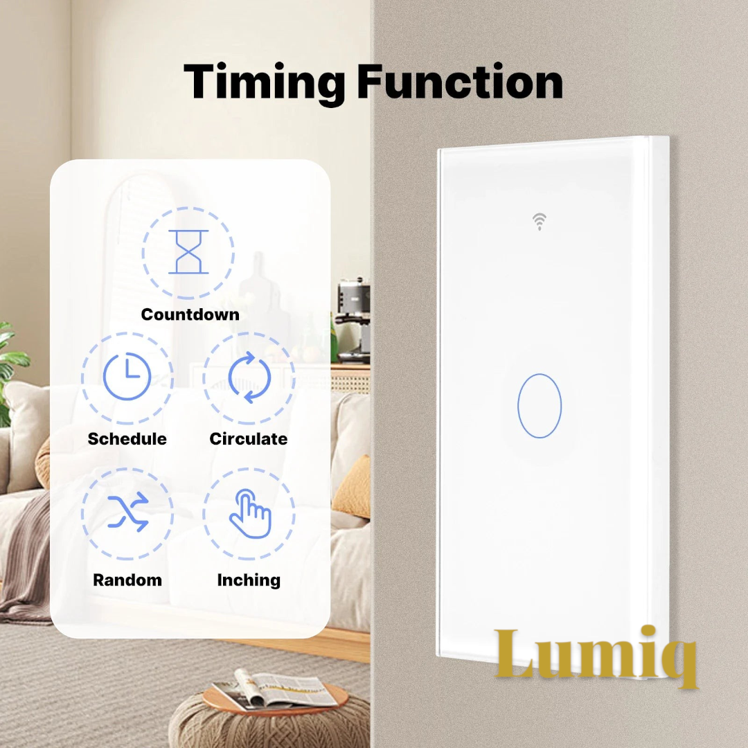Gr8est smart glass touch light switch with timing function features mounted on a wall