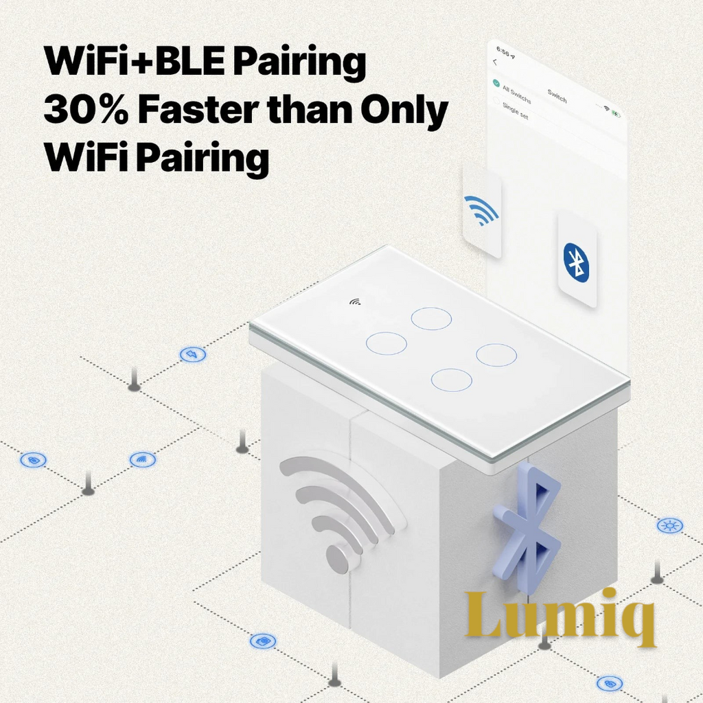 Gr8est smart glass touch light switch with WiFi and Bluetooth pairing icons on a white background
