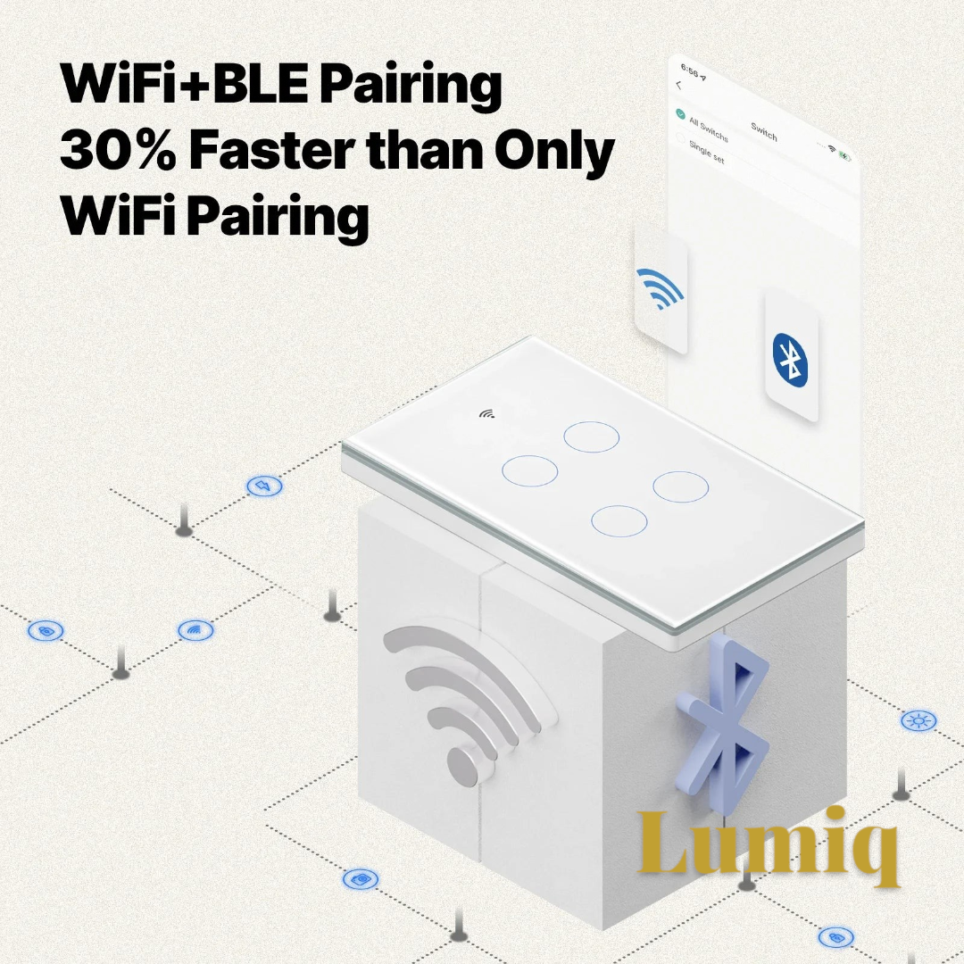 Gr8est smart glass touch light switch with WiFi and Bluetooth pairing icons on a white background