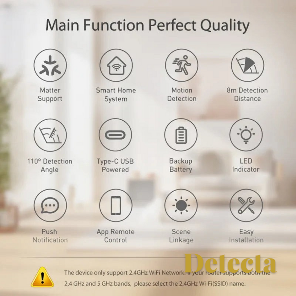 Gr8est smart PIR motion sensor features infographic showing Matter support, USB power, and app remote control.