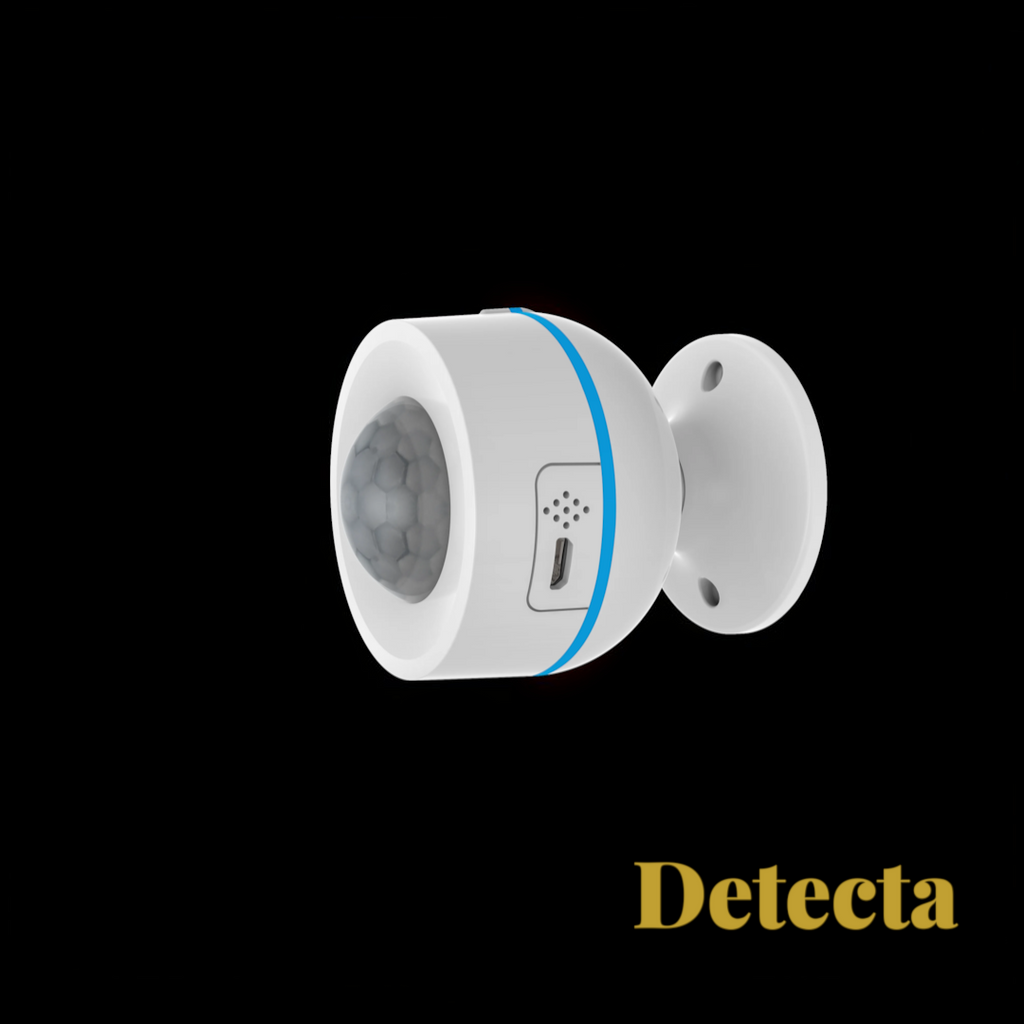 Gr8est white smart PIR motion sensor with a blue accent ring and USB port for home security automation